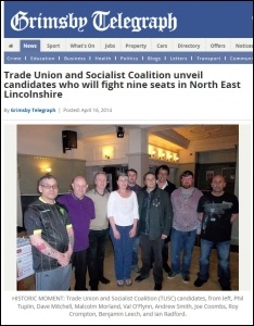 Grimsby Telegraph 16-4-14 Trade Union and Socialist Coalition unveil candidates who will fight nine seats in North East Lincolnshire, photo by Grimsby Telegraph